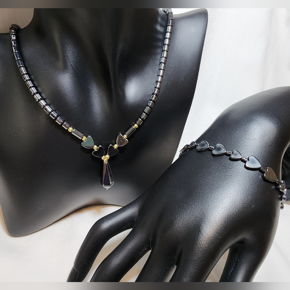 Vintage Hematite Necklace with Heart Beads & Pendant & Heart Bracelet Set